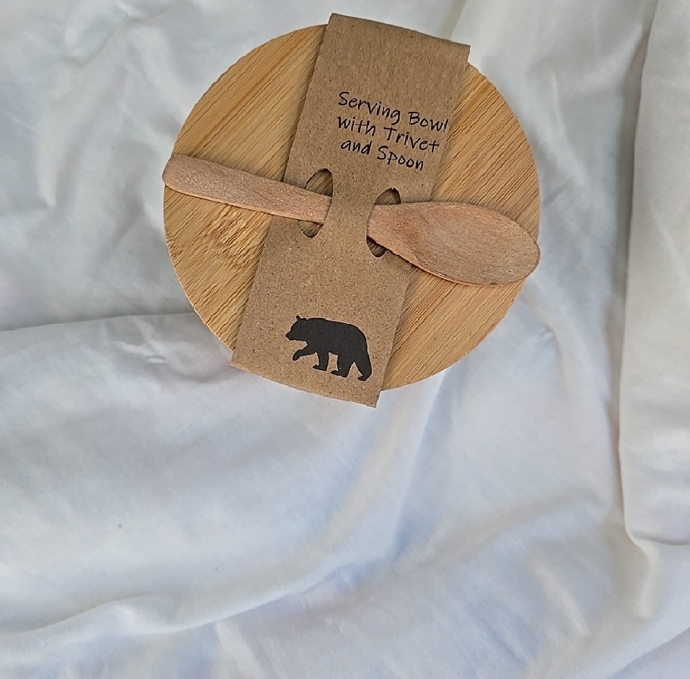 Serving Bowl With Trivet & Spoon Rustic Ceramic Bowl with Cabin Sketch - Picture 2 of 6
